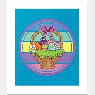 Easter Spring Colorful Eggs Flower Basket with Pink Bow Posters and Art